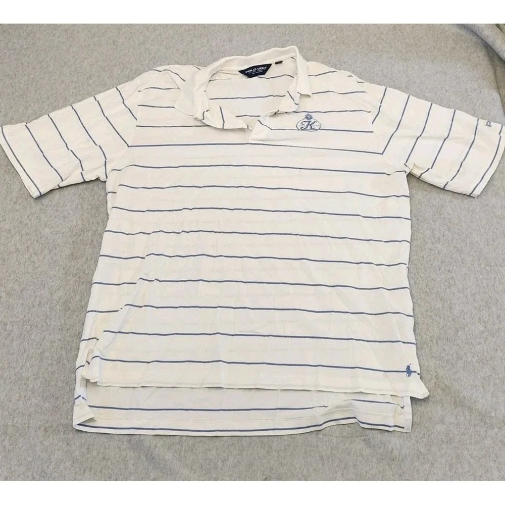 Polo Golf Ralph‎ Lauren Shirt Mens XL White Blue Striped K Club Crest Cotton